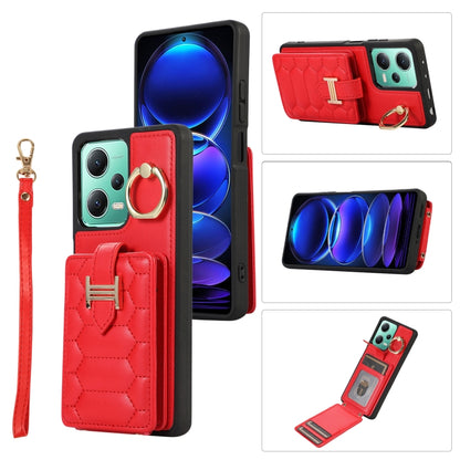 Red vertical phone card case with ring holder, card slot, and wrist lanyard strap
