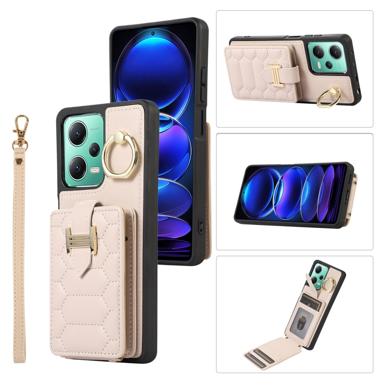 Beige vertical phone card case with ring holder, card slot, and wrist lanyard strap