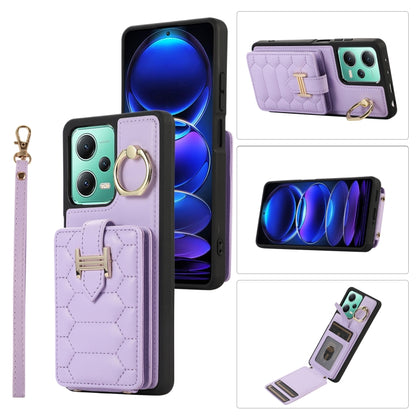 Purple vertical phone card case with ring holder, card slot, and wrist lanyard strap
