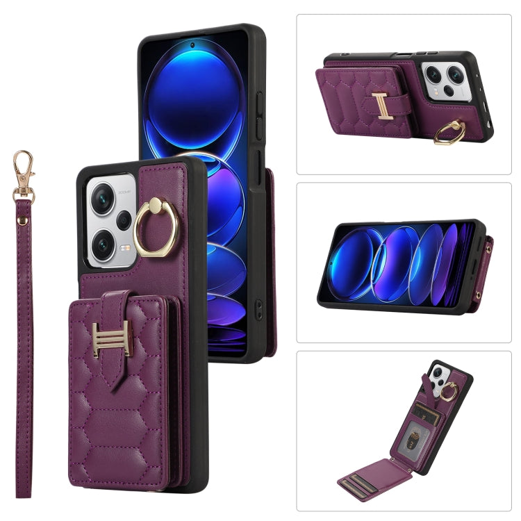Dual lanyard phone case with card holder and ring holder, deep plum leatherette.