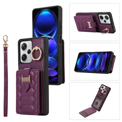 Dual lanyard phone case with card holder and ring holder, deep plum leatherette.