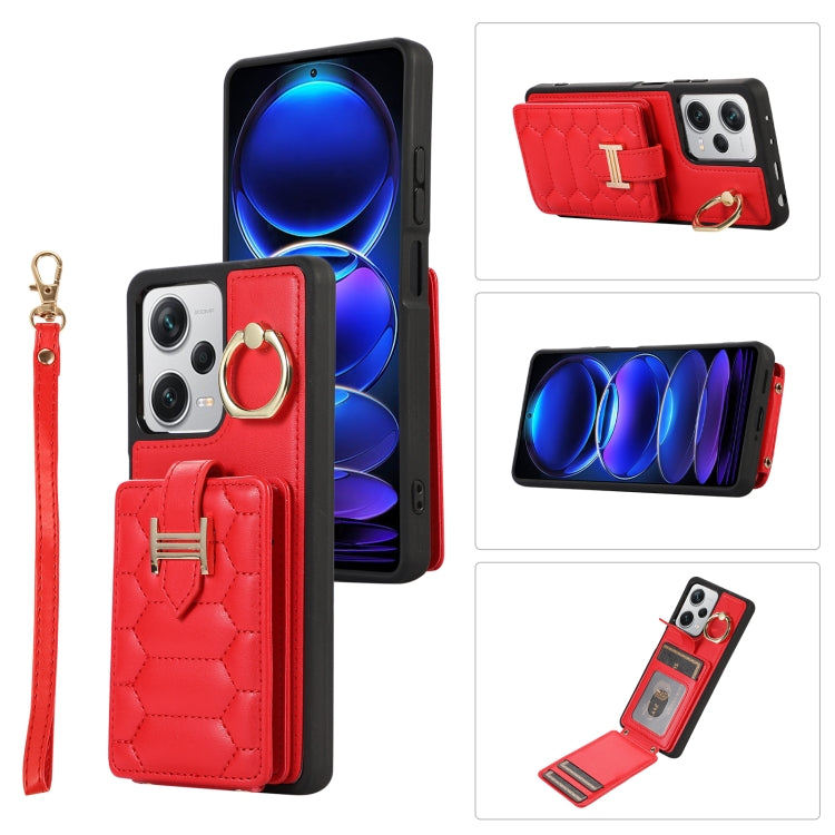 Dual lanyard phone case with card holder and ring holder, bright red leatherette.