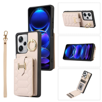Dual lanyard phone case with card holder and ring holder, light beige leatherette.