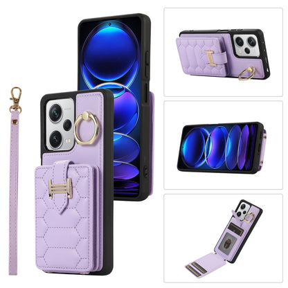 Dual lanyard phone case with card slot and ring holder, lavender leatherette.