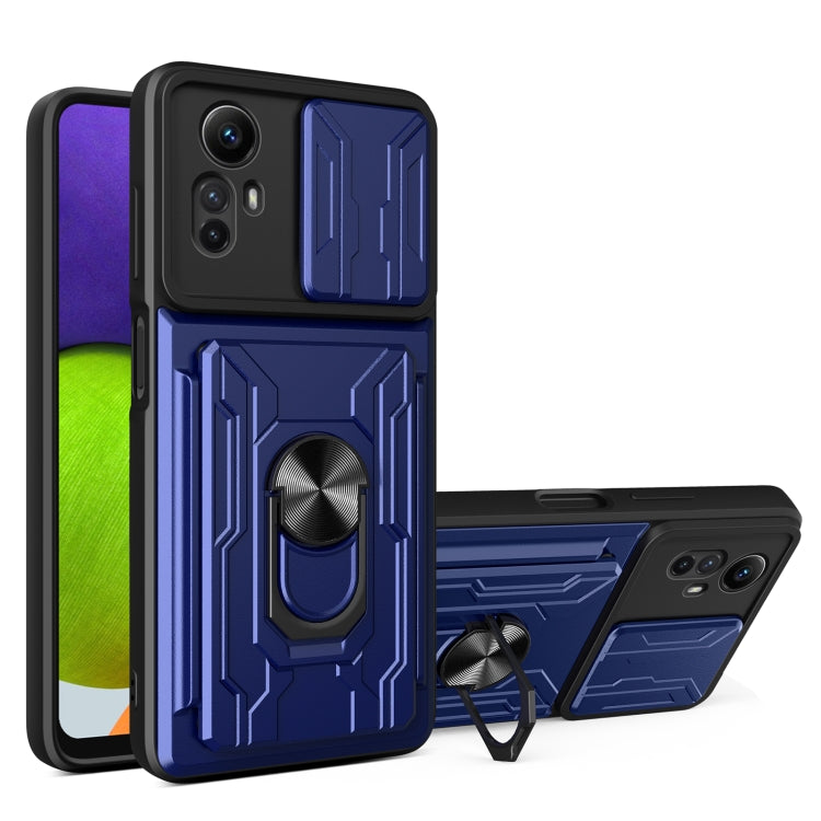 Blue sliding phone case with card slot, TPU+PC armor look, ring stand and camera cutouts
