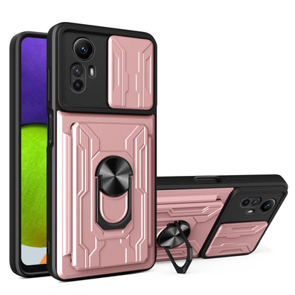 Rose gold sliding phone case with card slot, TPU+PC armor design, ring stand and camera cutouts