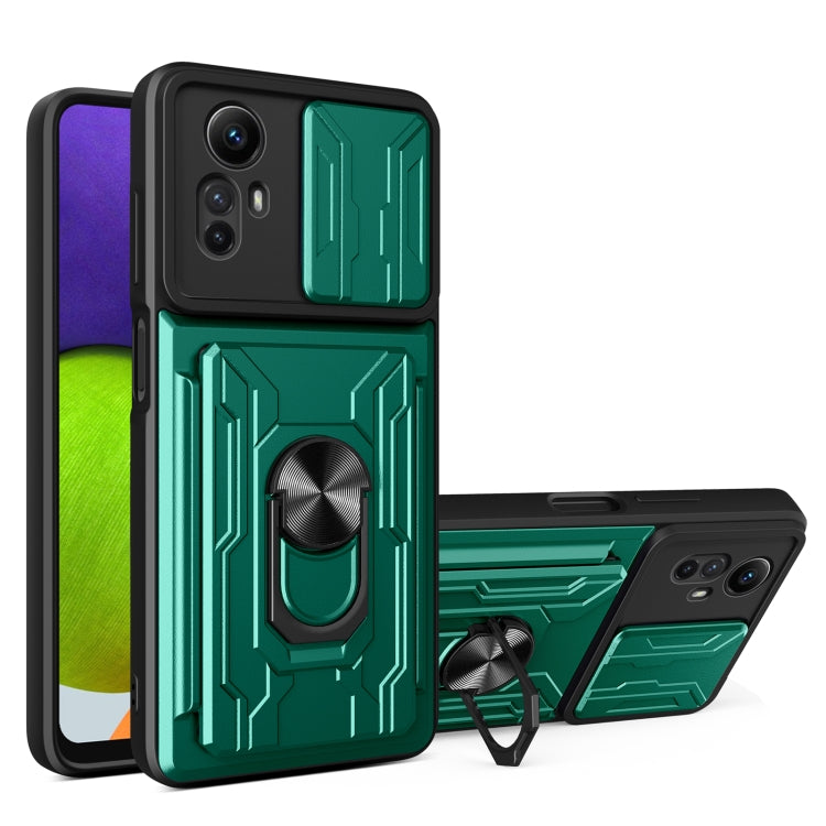 Dark green sliding phone case with card slot, TPU+PC armor look, ring stand and camera cutouts