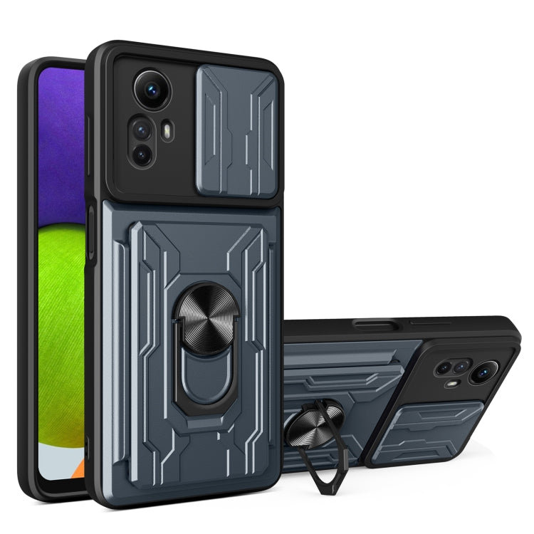 Grey sliding phone case with card slot, TPU+PC armor look, ring stand and camera cutouts