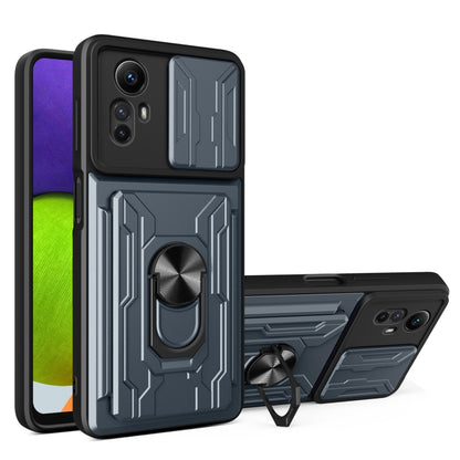 Grey sliding phone case with card slot, TPU+PC armor look, ring stand and camera cutouts
