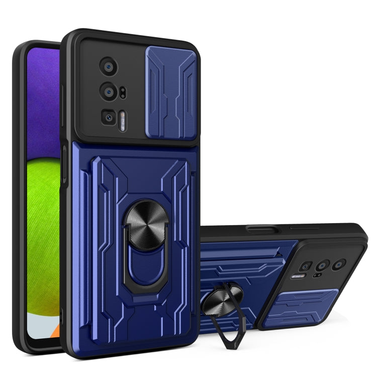 Blue sliding phone case with card slot cover and rotating ring stand