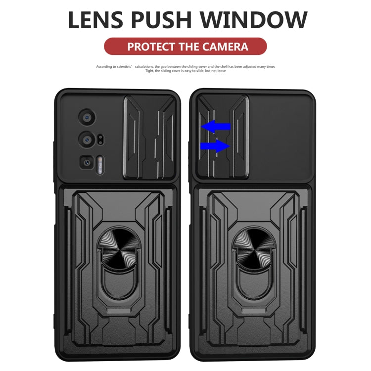 Black phone case with sliding lens push window and built-in ring stand