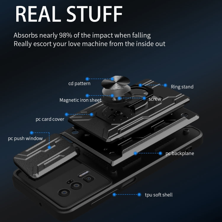 Black protective phone case with ring stand and back card slot cover design