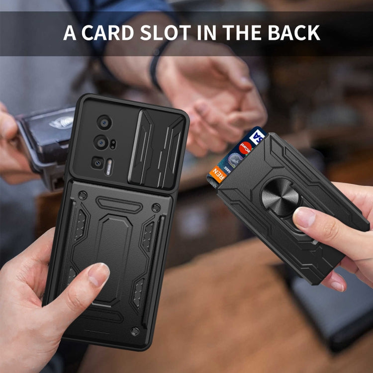 Black phone case with back card slot window and sliding cover; ring stand