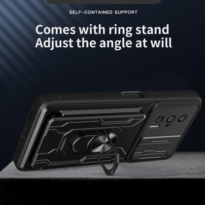 Black phone case with adjustable ring stand and sliding back card slot cover
