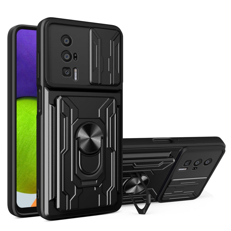 Black sliding phone case with ring stand and back card slot cover