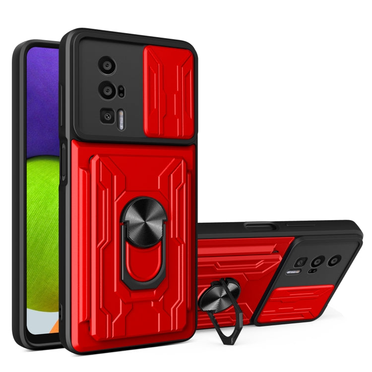 Red sliding phone case with card slot cover and rotating ring stand