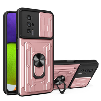 Rose gold sliding phone case with card slot cover and rotating ring stand