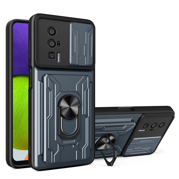 Grey sliding phone case with card slot, TPU+PC armor look, ring stand and camera cutouts