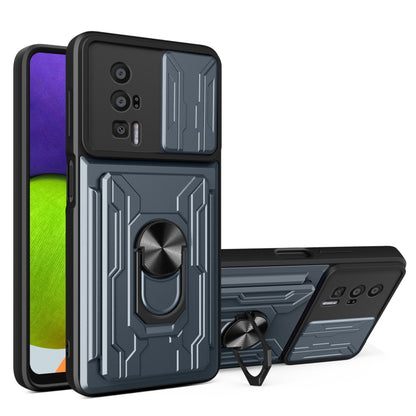 Grey sliding phone case with card slot, TPU+PC armor look, ring stand and camera cutouts
