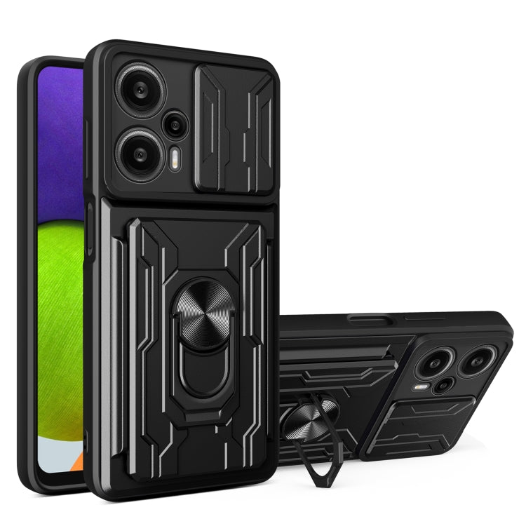 Black sliding card-slot phone case with ring kickstand and raised camera cutouts