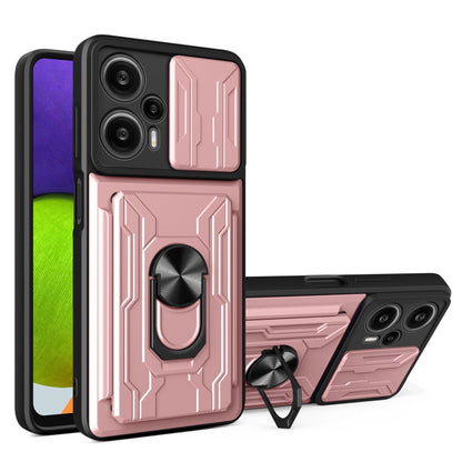 Rose gold sliding card-slot phone case with ring kickstand and raised camera cutouts