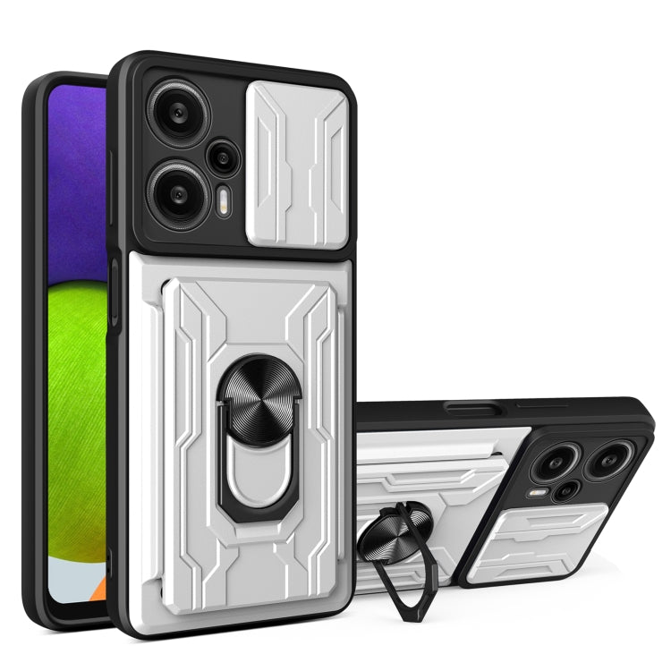 White sliding card-slot phone case with ring kickstand and raised camera cutouts