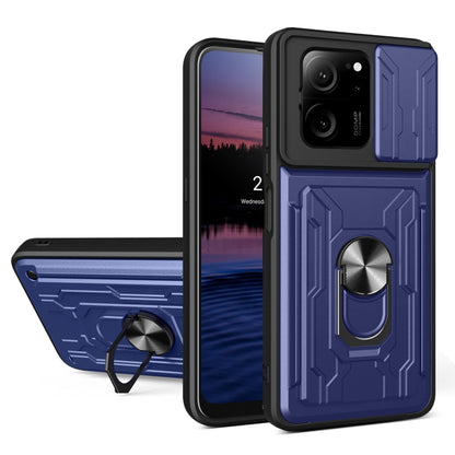 Blue TPU+PC phone case with card slot, sliding cam shield, and ring kickstand.