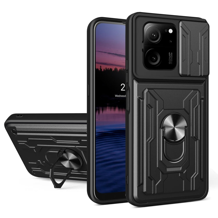 Dark gray TPU+PC phone case with card slot, sliding cam shield, and ring kickstand.