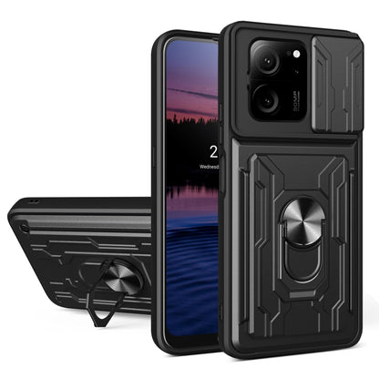 Dark gray TPU+PC phone case with card slot, sliding cam shield, and ring kickstand.