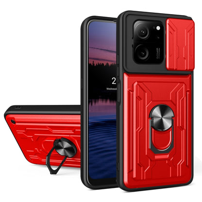 Red TPU+PC phone case with card slot, sliding cam shield, and ring kickstand.