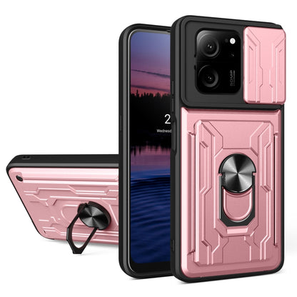 Rose gold TPU+PC phone case with card slot, sliding cam shield, and ring kickstand.