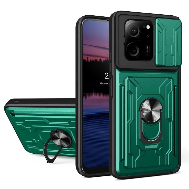 Green rugged TPU+PC back cover with card slot, sliding cam shield, and ring kickstand.