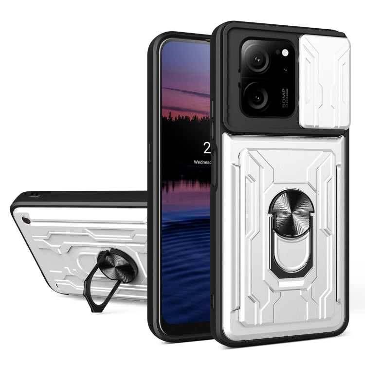 White rugged TPU+PC phone case with card slot, sliding cam shield, and ring kickstand.