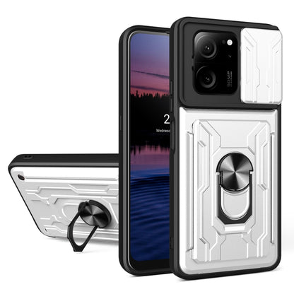 White rugged TPU+PC phone case with card slot, sliding cam shield, and ring kickstand.