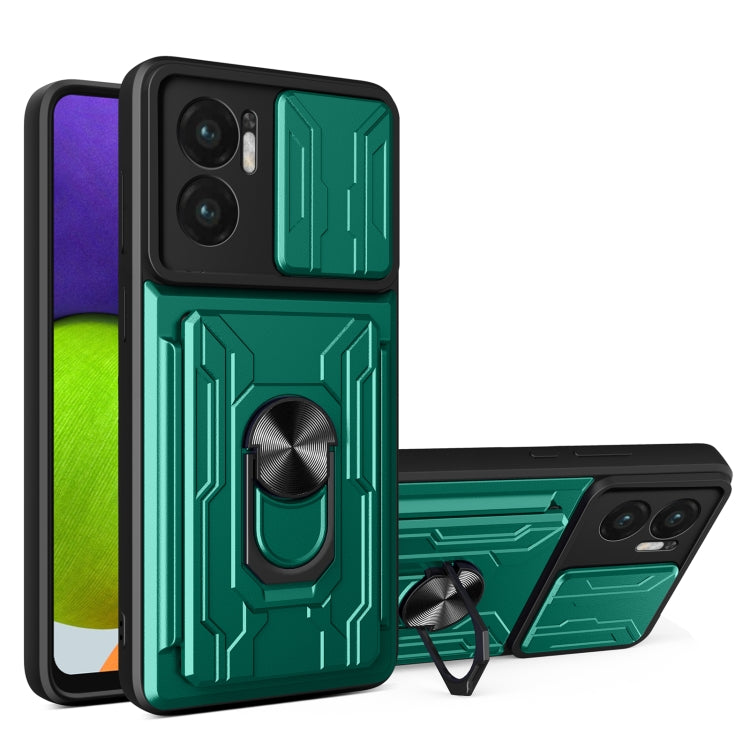 Dark green sliding phone case with card slot and raised camera protection