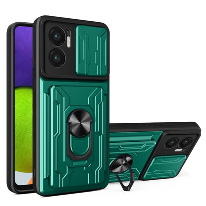 Dark green sliding phone case with card slot and raised camera protection