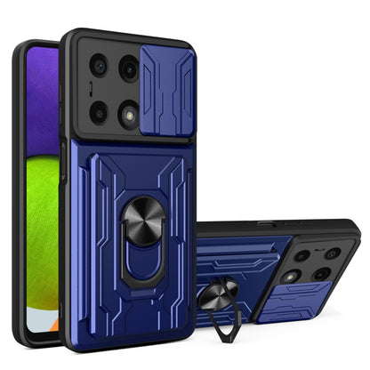 Blue rugged phone case with sliding camera shield and card slot panel