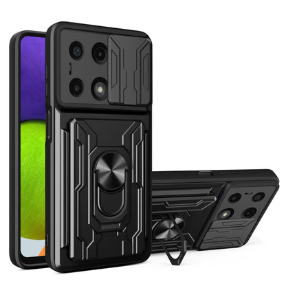 Black rugged phone case with sliding camera shield and card slot panel