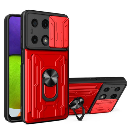 Red rugged phone case with sliding camera shield and card slot panel