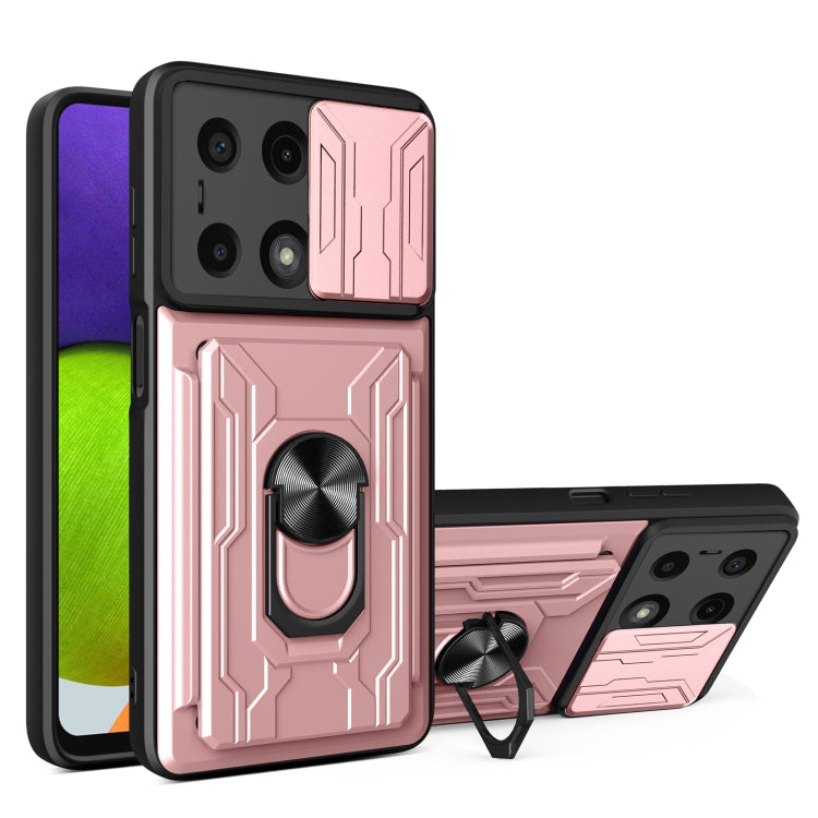 Rose gold rugged phone case with sliding camera shield and card slot panel