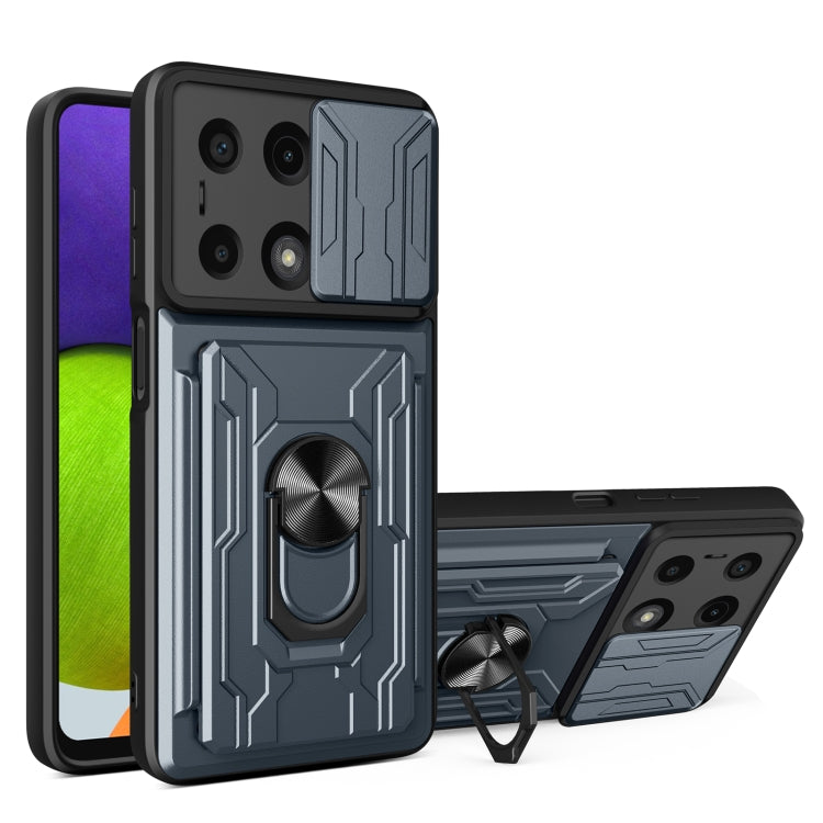 Gray TPU+PC phone case with card slot, sliding cam shield, and ring kickstand.