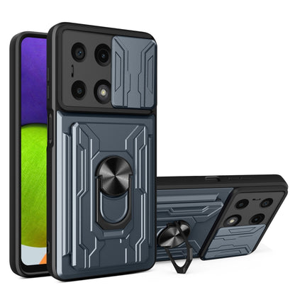 Gray TPU+PC phone case with card slot, sliding cam shield, and ring kickstand.