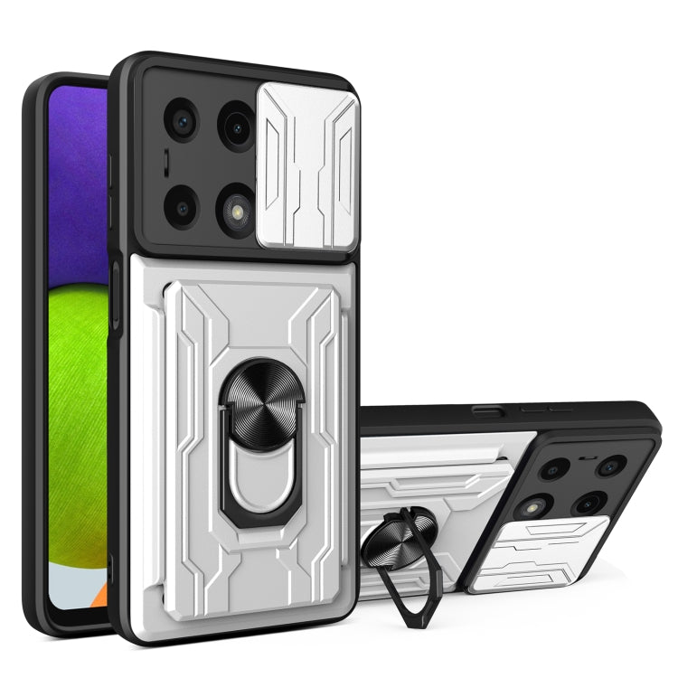 White TPU+PC phone case with card slot, sliding cam shield, and ring kickstand.