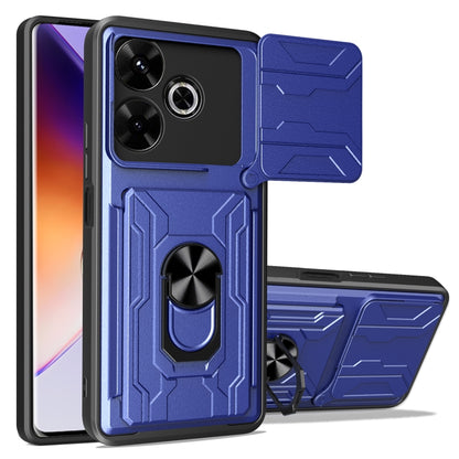 Rugged sliding card phone case in blue with flip card holder and camera cutouts