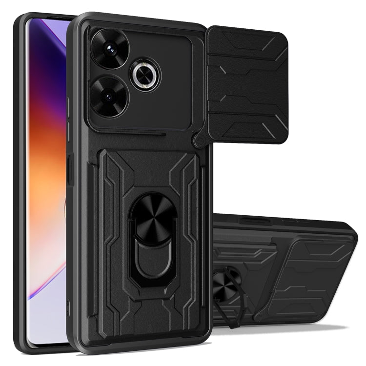 Rugged sliding card phone case in black with flip card holder and camera cutouts