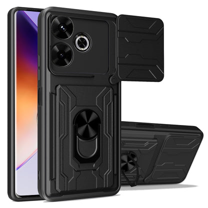 Rugged sliding card phone case in black with flip card holder and camera cutouts