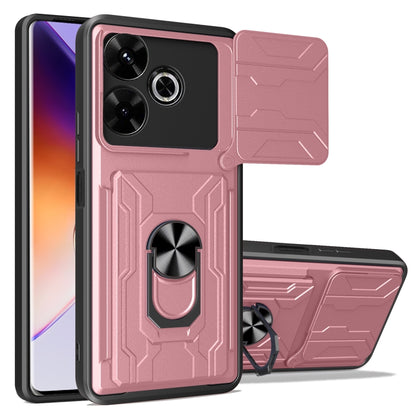 Rugged sliding card phone case in rose pink with flip card holder and camera cutouts