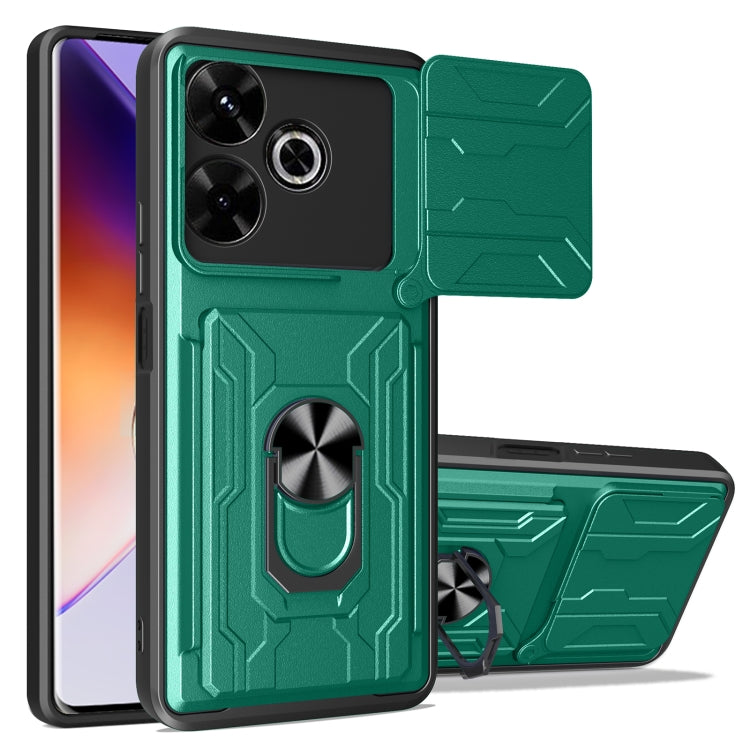 Rugged sliding card phone case in dark green with flip card holder and camera cutouts