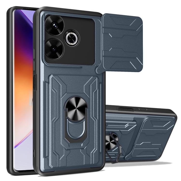 Rugged sliding card phone case in dark gray with flip card holder and camera cutouts