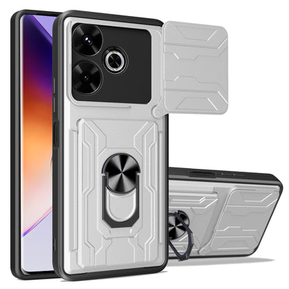 Rugged sliding card phone case in light gray with flip card holder and camera cutouts
